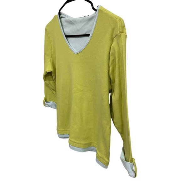 Yellow Green Light Blue V Neck Ribbed Long Sleeve Shirt Button Cuff Detail - Picture 3 of 9